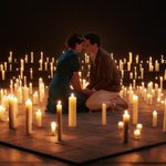 Jessie Buckley and Josh O'Connor, kneeling together on the floor, surrounded by candles, in Romeo & Juliet