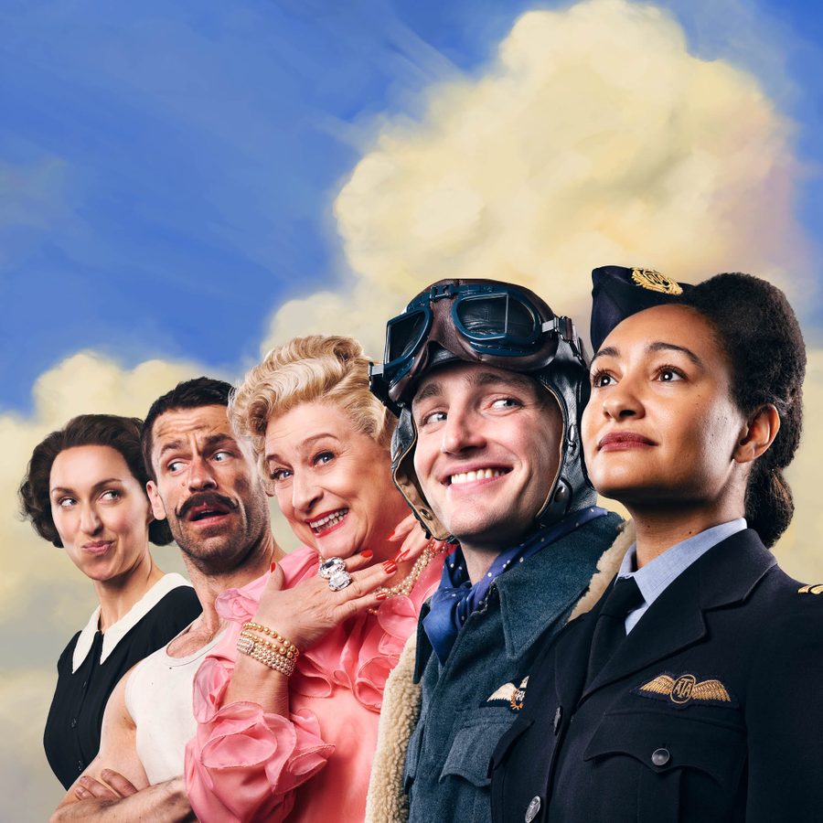 Jack Absolute Flies Again cast of maid, mechanic, lady of the manor, male RAF pilot and female auxilliary pilot