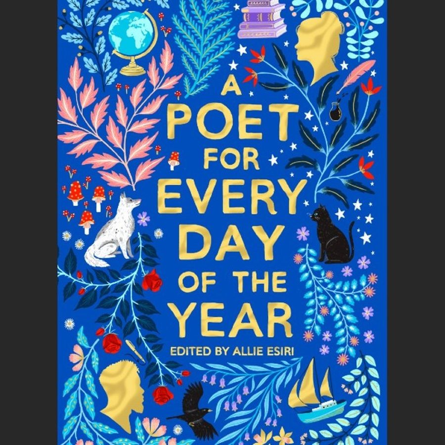 The front cover of Allie Esiri's book 'A Poet for Every Day of the Year' - a blue cover with a leaf pattern plus an assortment of objects in silhouette