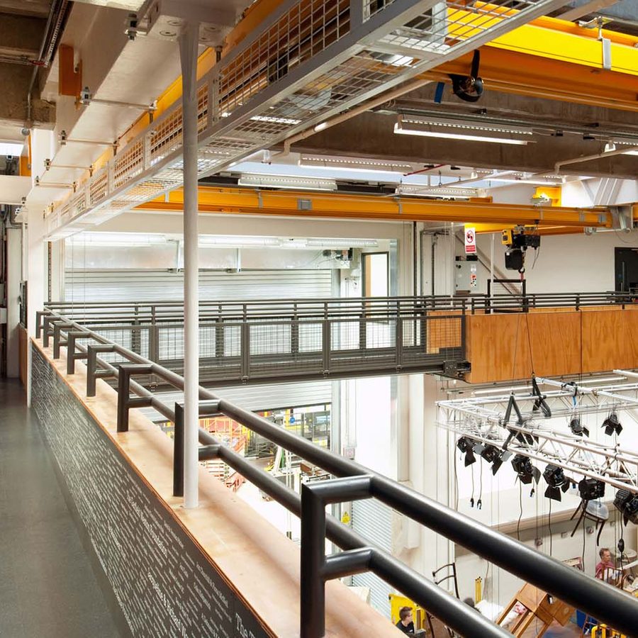 A shot of the Sherling High Level walkway backstage at the National Theatre, a balcony overlooking the set and prop-making departments