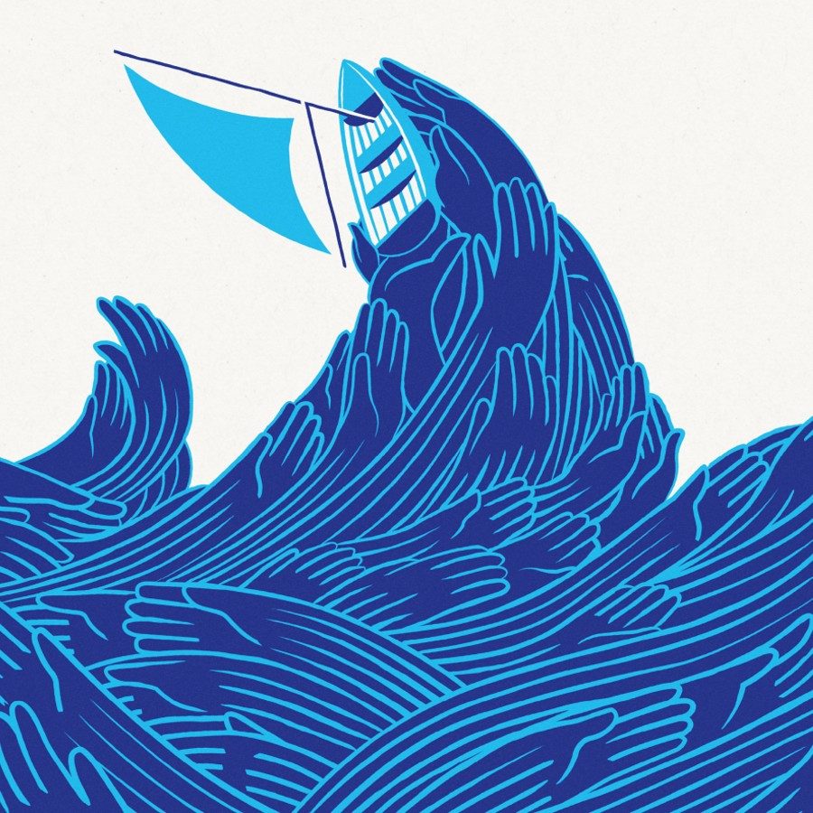 A hand-drawn image of a ship at the top of a huge blue wave