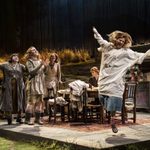 Siobhán McSweeney as Maggie, Bláithín Mac Gabhann as Rose and Louisa Harland as Agnes watch Alison Oliver as Chris dance.