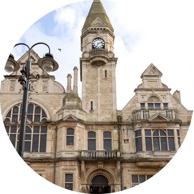 A photo of the frontage of Trowbridge Town Hall..