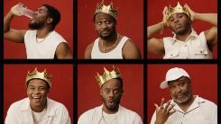 A series of six photos against a red backdrop featuring six men. In various shots, one drinks from a glass, one wears a crown, one adjusts the crown, one laughs with the crown, one looks surprised with the crown, and one poses in a white hat showing rings on his fingers.