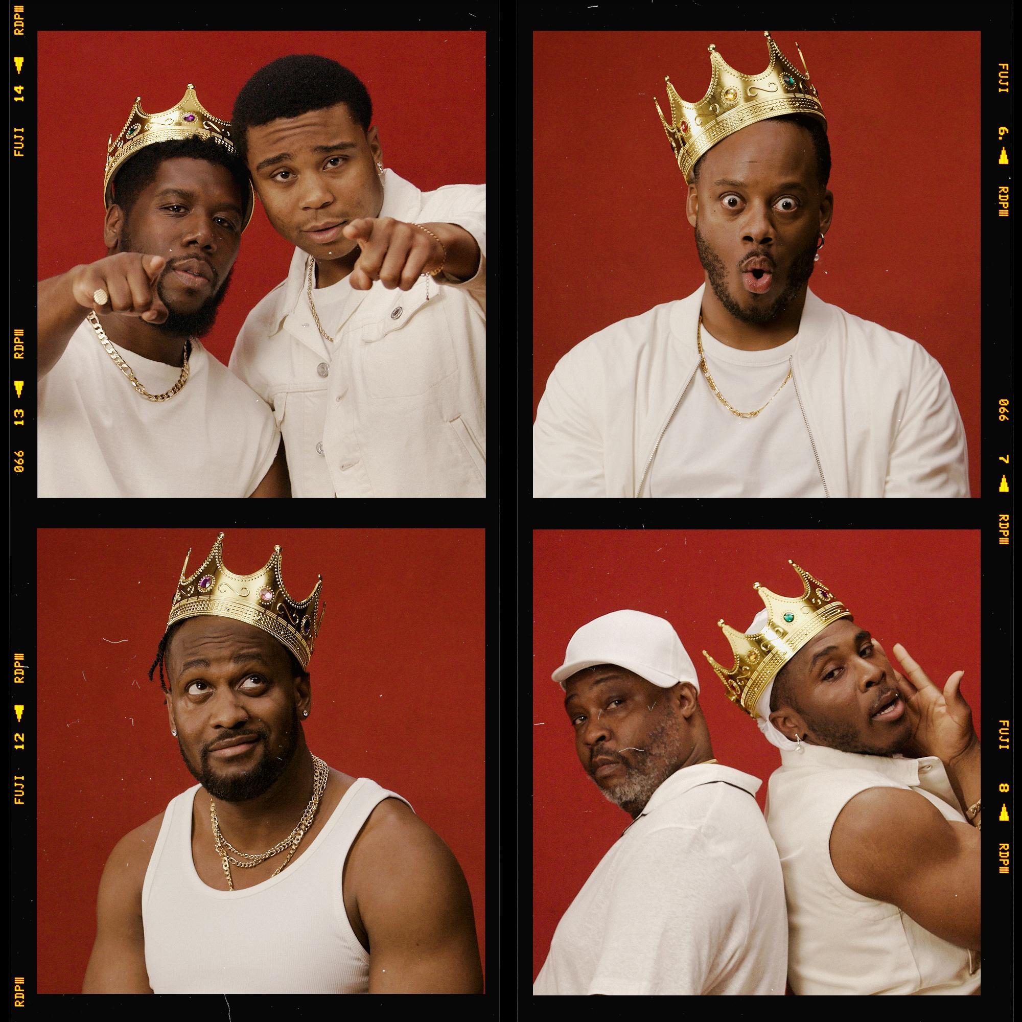 A collage of four photos featuring six men against a red background. In the top-left, two men pose with one pointing forward. In the top-right, another man wearing a crown makes a surprised face. The bottom-right shows two men back-to-back, and the bottom-left features a man with a crown looking up. All are wearing white clothes.