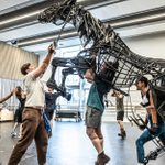 A group of people rehearse with a large, intricate horse puppet in a spacious studio. The horse, made of metal and other materials, is manipulated to appear lifelike. Some participants hold the puppet’s frame, while others interact with it energetically.