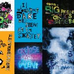 A collage of ten colorful posters with playful fonts and doodles. Each poster contains different messages such as 