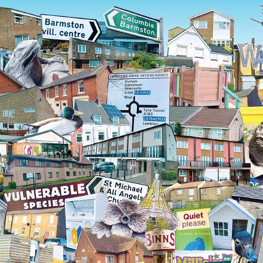 A vibrant collage of numerous UK village and town signs, buildings, street signs, and landmarks. The image features an array of colorful signs, houses, and objects, giving a whimsical and chaotic glimpse of various locations and elements.