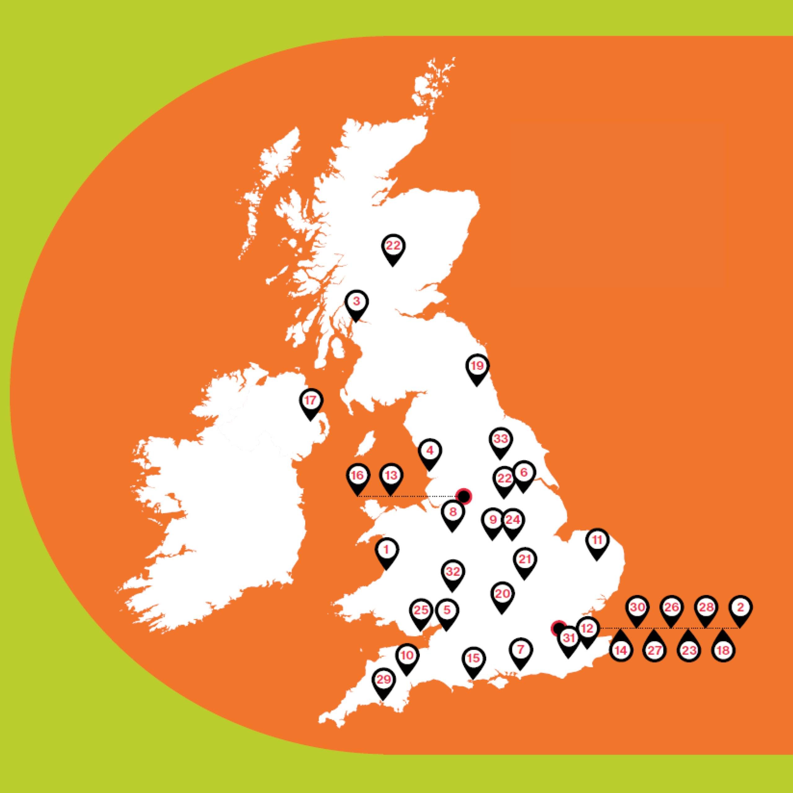 A map of the United Kingdom and Ireland over a vibrant orange and green background, marked with numbered location pins indicating various points across the regions, from Scotland in the north to southern England and northern Ireland.