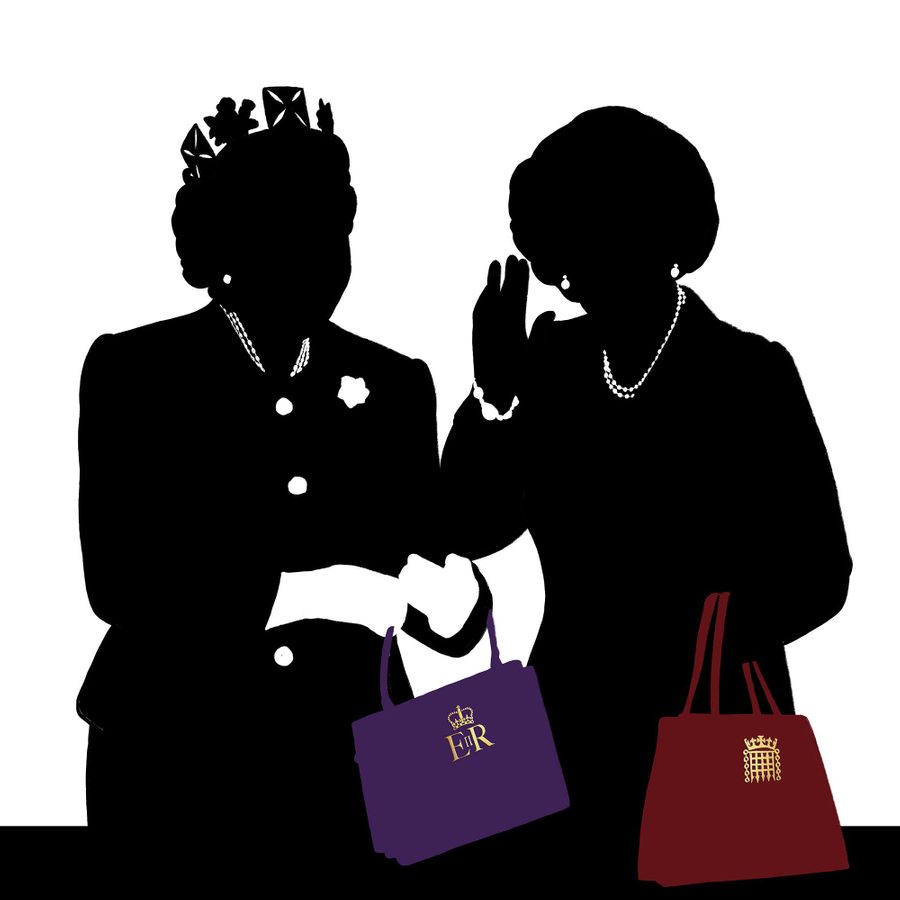 Silhouettes of two women, one wearing a crown, dressed formally with pearl necklaces. The crowned figure holds a purple handbag with 