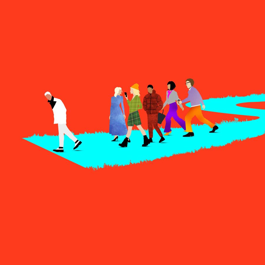 A minimalist illustration showing six people walking on a turquoise path. A man in white walks ahead alone, while a group of five people in colorful outfits follows behind. The background is a solid bright red.