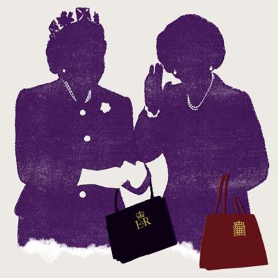 Silhouettes of two women standing together. One is holding a bag with 