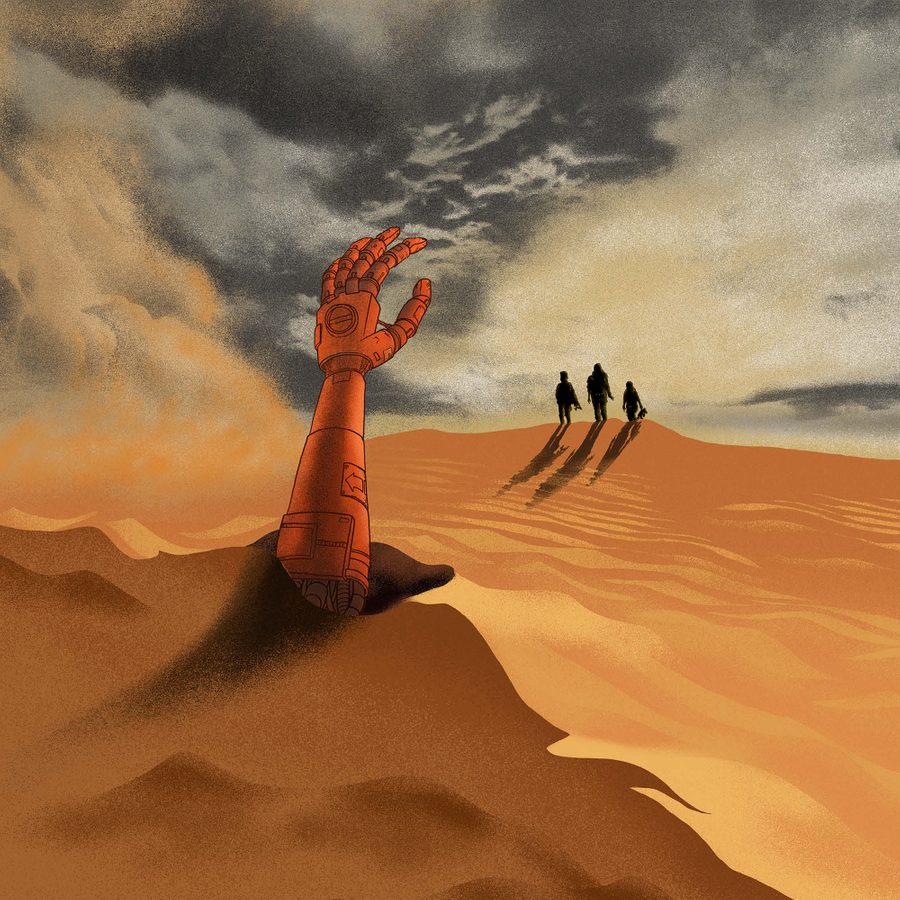 A robotic arm is partially buried in desert sand with fingers reaching skyward. In the distance, three figures walk along a sand dune under a cloudy sky, casting long shadows.