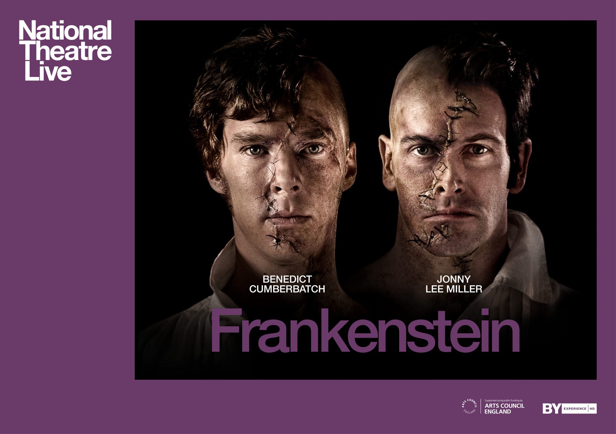 Benedict Cumberbatch and Jonny Lee Miller look forward. They both have stitches halfway down their face.