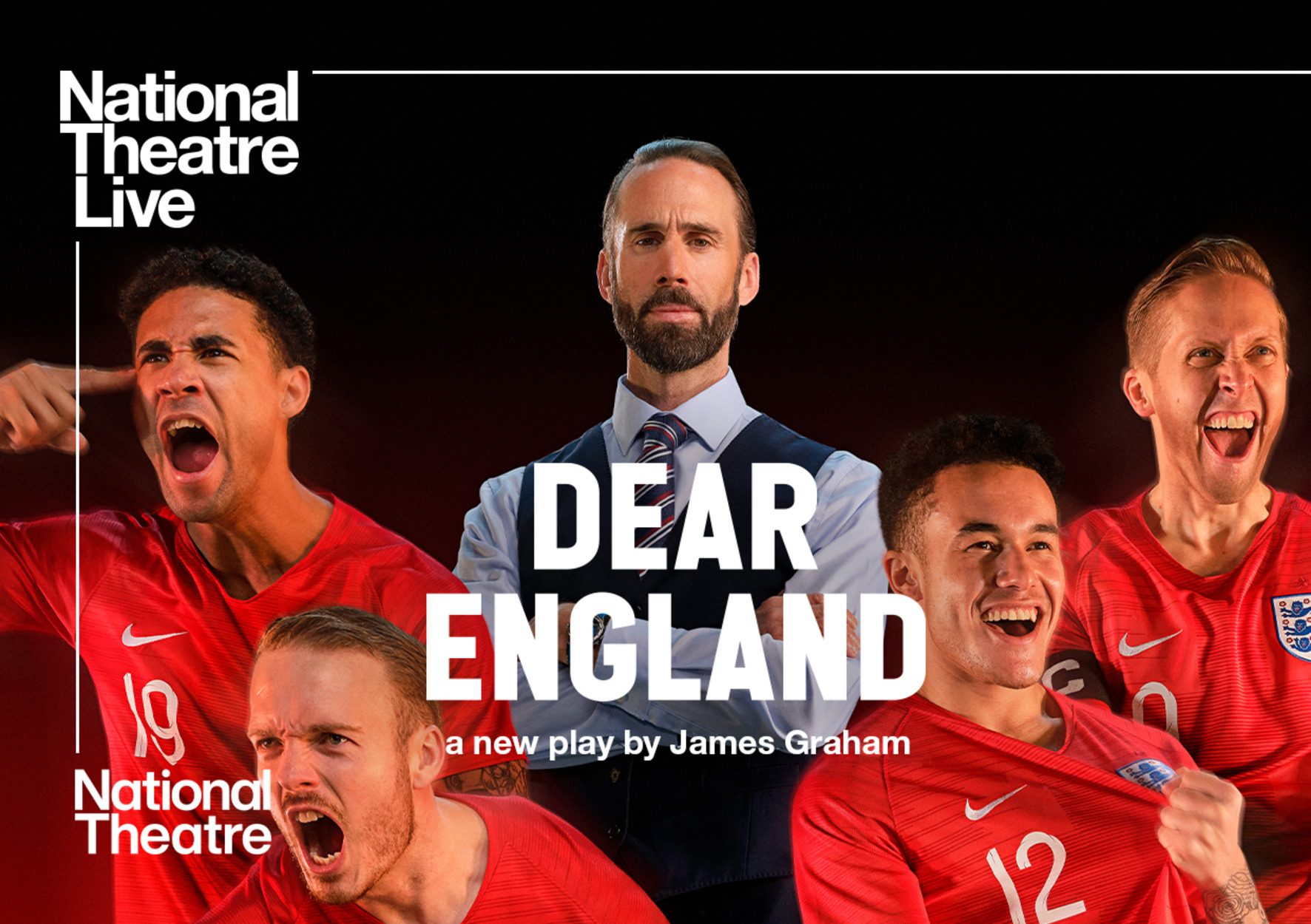 4 men dressed as England footballers cheer and stand around a man wearing a suit who holds his arms crossed.