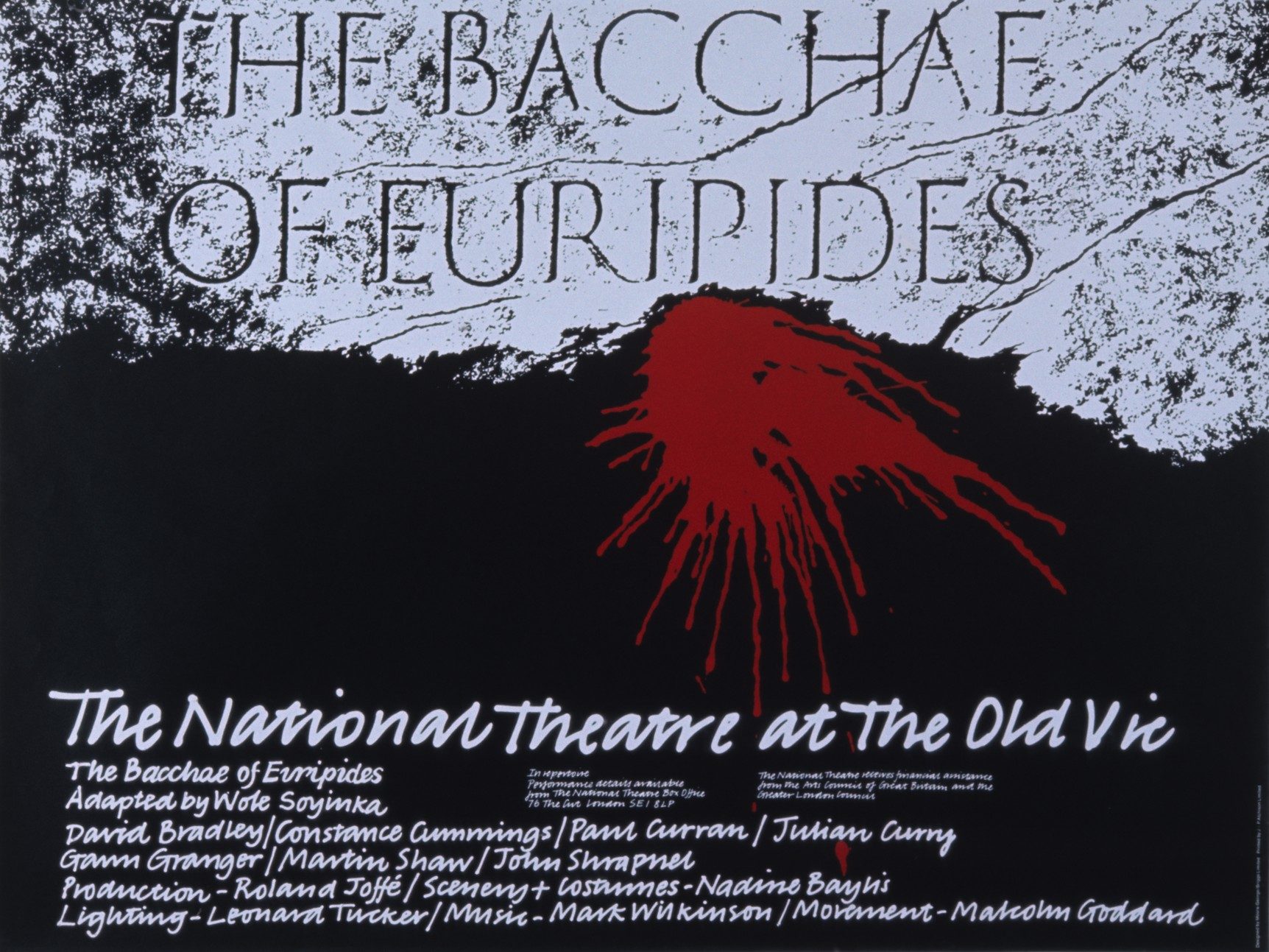 Poster for The Bacchae of Euripides at The National Theatre, adapted by Wole Soyinka. Features a dramatic red paint splash on a black and white background, with white and red text listing the cast and crew.