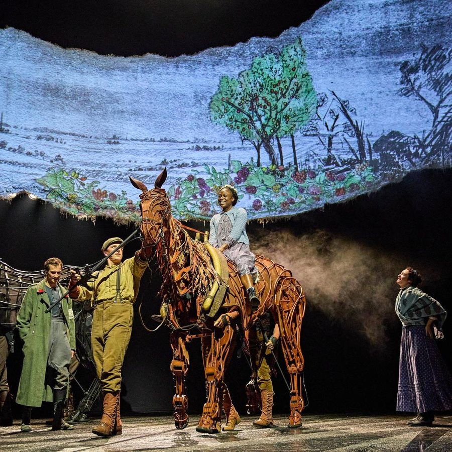 A theatrical scene featuring actors and two life-size horse puppets on stage. One actor rides one of the puppet horses while others stand nearby, one playing an accordion. The background displays an illustration of a rural landscape with trees and buildings.